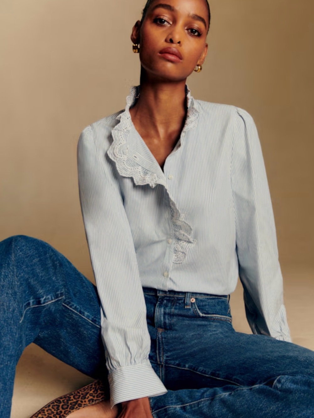 Sezane Chlo Shirt striped Ecru/Blue, long sleeves ruffle Sz 36/4